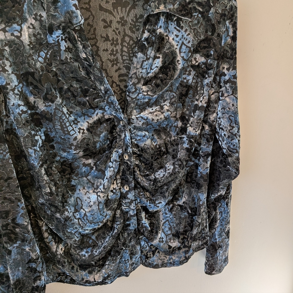 VTG 90s y2k Sno Skins Burnout Velvet Blue Button Up Top XL Grunge Fairy - Picture 2 of 7